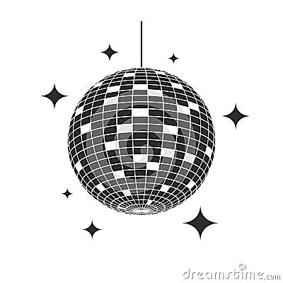 Disco ball or mirror ball icon with shining stars. Element of lighting design for dance floors and discos Vector Illustration